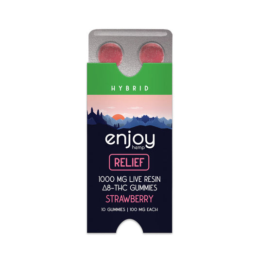 Enjoy Hemp Live Resin Relief Delta 8 THC 1000mg Gummies (Hybrid-Infused Strawberry) - (100 mg Each | 10 Gummies)