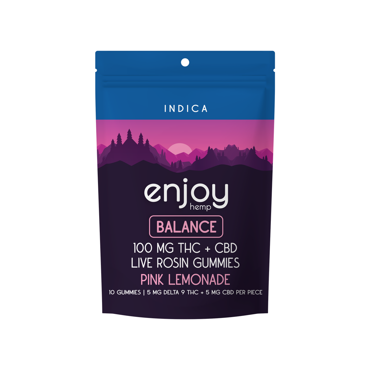 Enjoy Hemp Live Rosin Microdose THC:CBD 1:1 100mg Gummies for Balance (Indica-Infused Pink Lemonade) - 10 mg each (5 mg Delta 9 THC + 5 mg of CBD) | 10 gummies