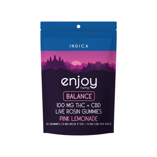 Enjoy Hemp Live Rosin Microdose THC:CBD 1:1 100mg Gummies for Balance (Indica-Infused Pink Lemonade) - 10 mg each (5 mg Delta 9 THC + 5 mg of CBD) | 10 gummies