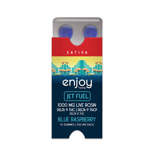Enjoy Hemp Live Rosin Sativa-Infused Blue Raspberry Delta9THC-P+ Delta 9 + Delta 8 Gummies for Jet Fuel - 1000 mg Total (100 mg Each | 10 Gummies)