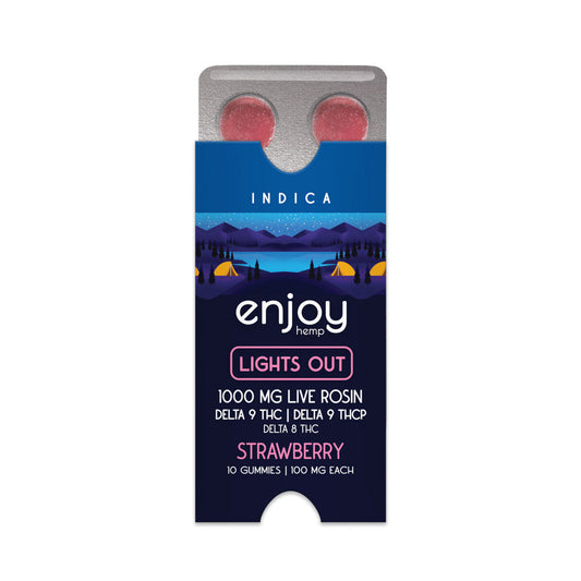 Enjoy Hemp Live Rosin Indica-Infused Strawberry Delta9THC-P+ Delta 9 + Delta 8 Gummies for Lights Out - 1000 mg Total (100 mg Each | 10 Gummies)